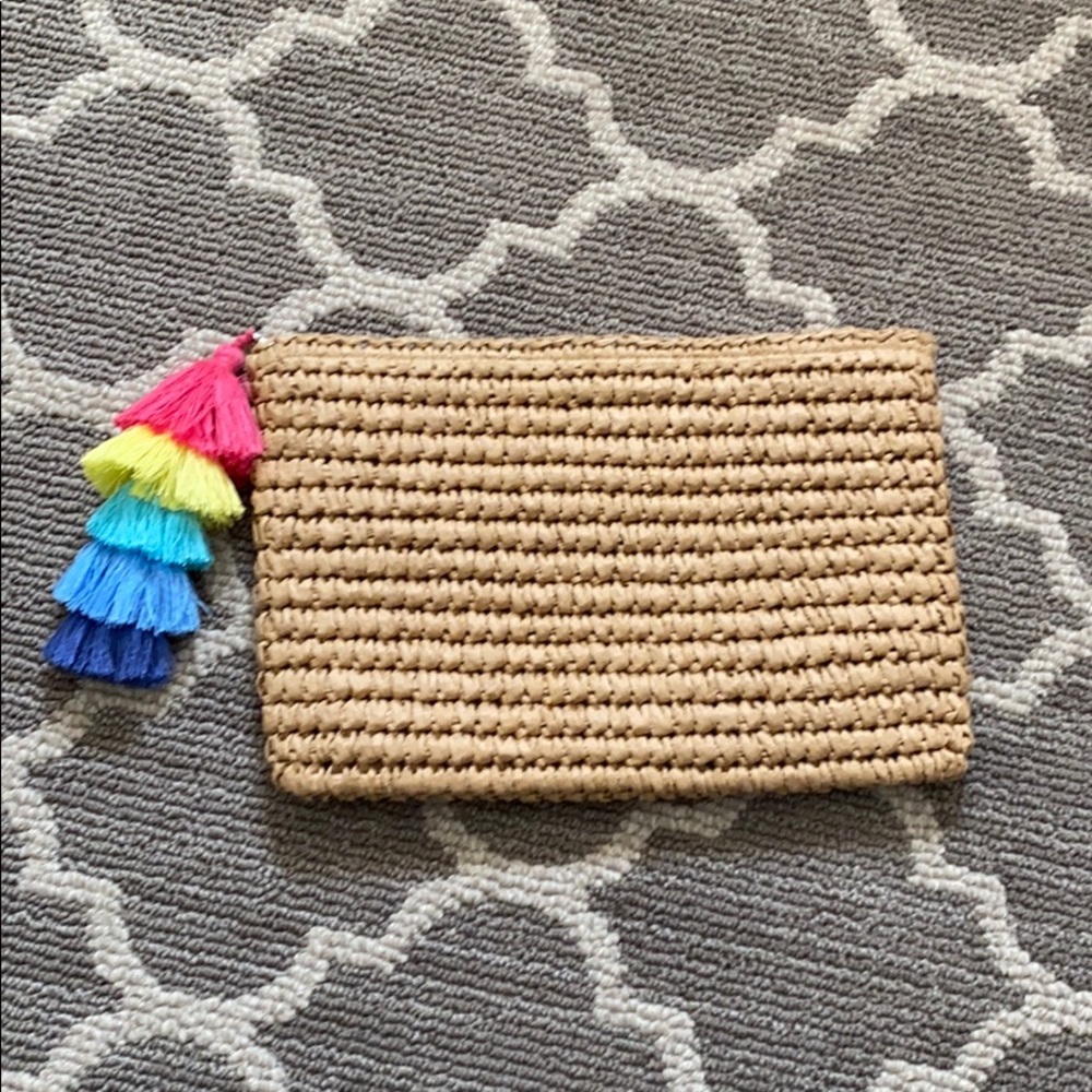 Woven Straw Clutch with Multicolor Tassels - Natural